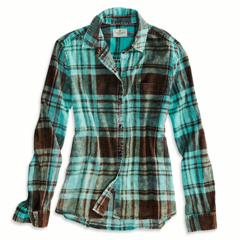 💕 American Eagle Acid Wash Teal Blue plaid Shirt